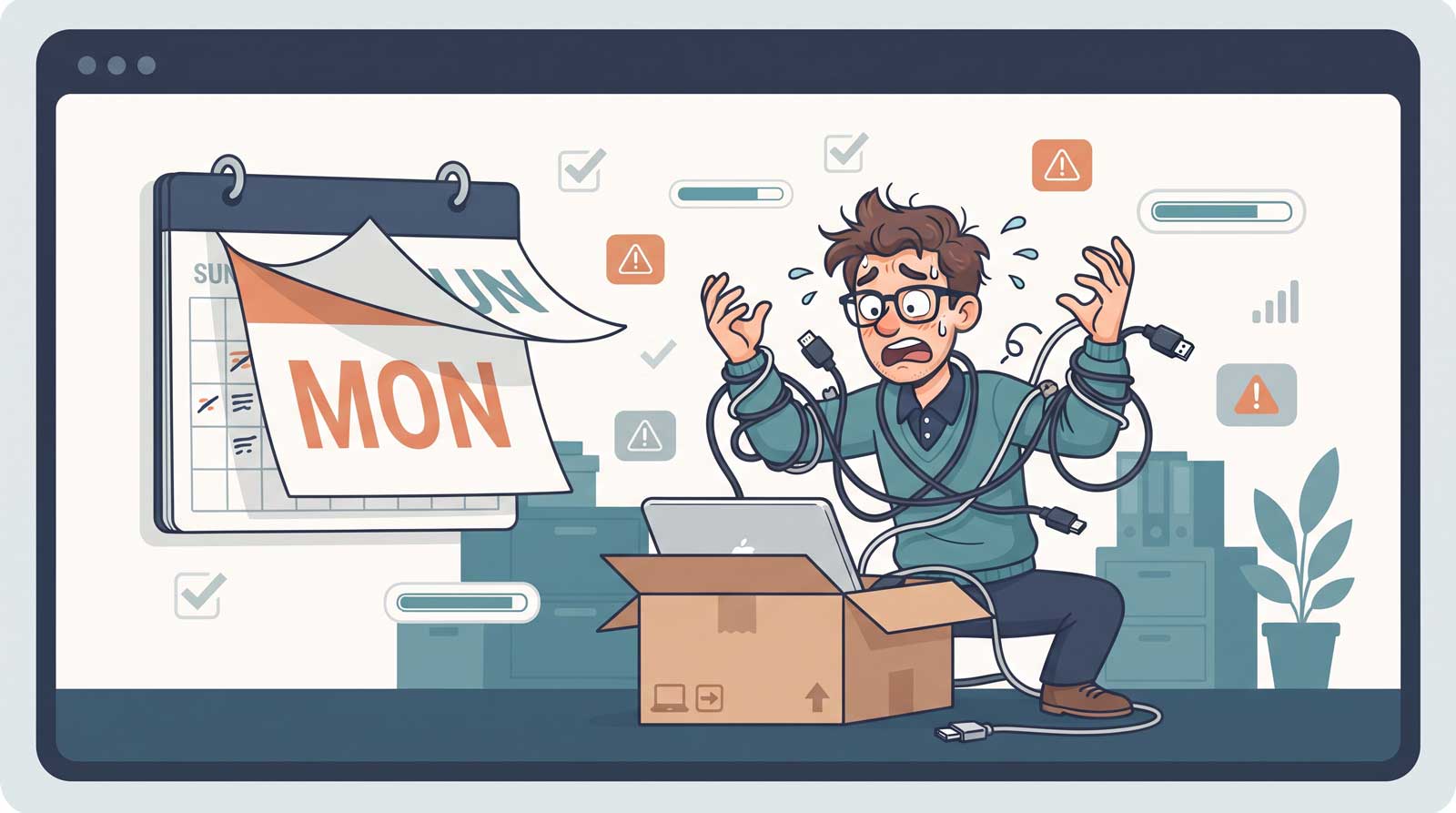 Illustration of new employee IT setup — accounts, laptop, and email ready to go.
